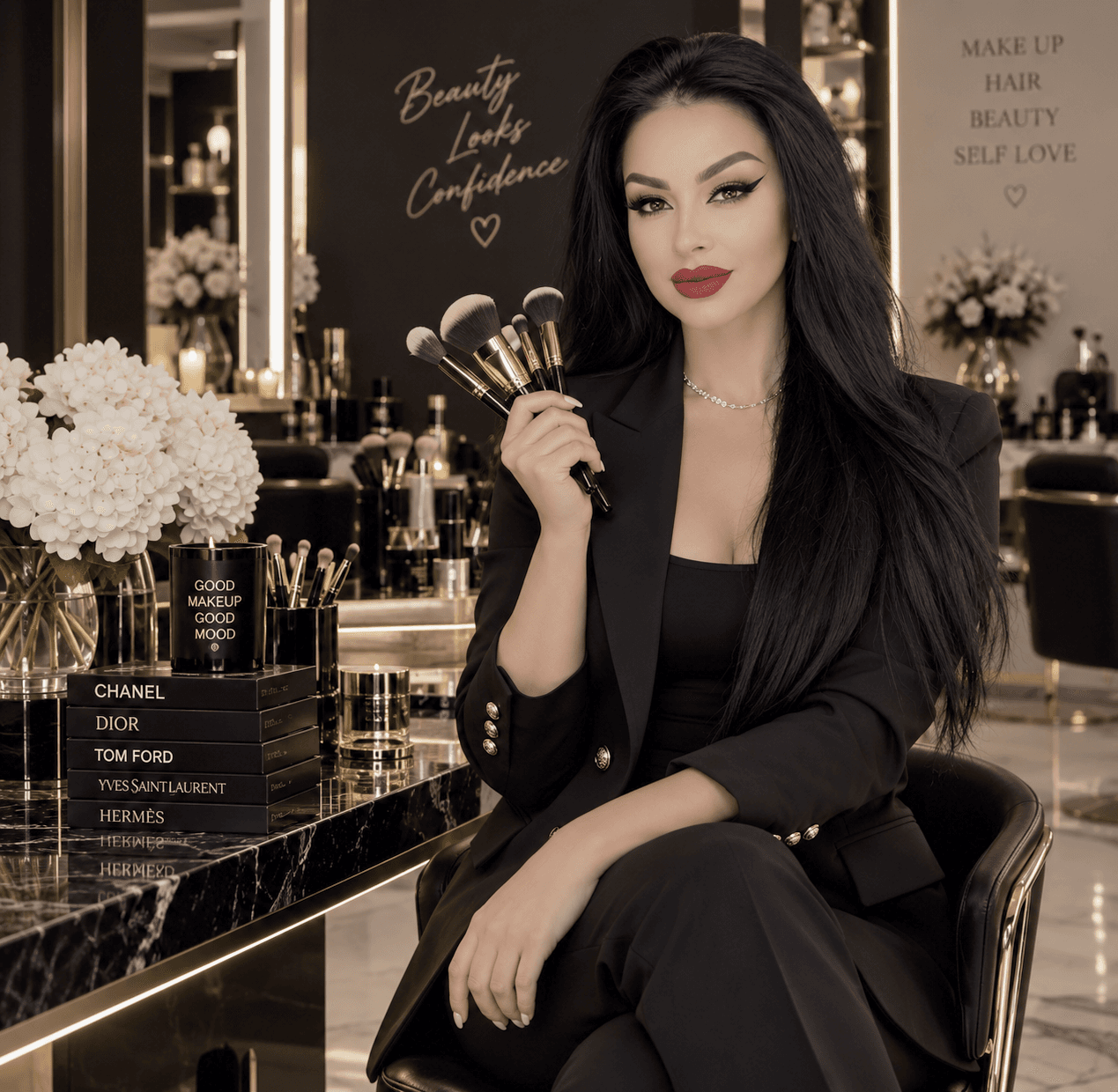 Portret beauty cu machiaj luminos și styling editorial